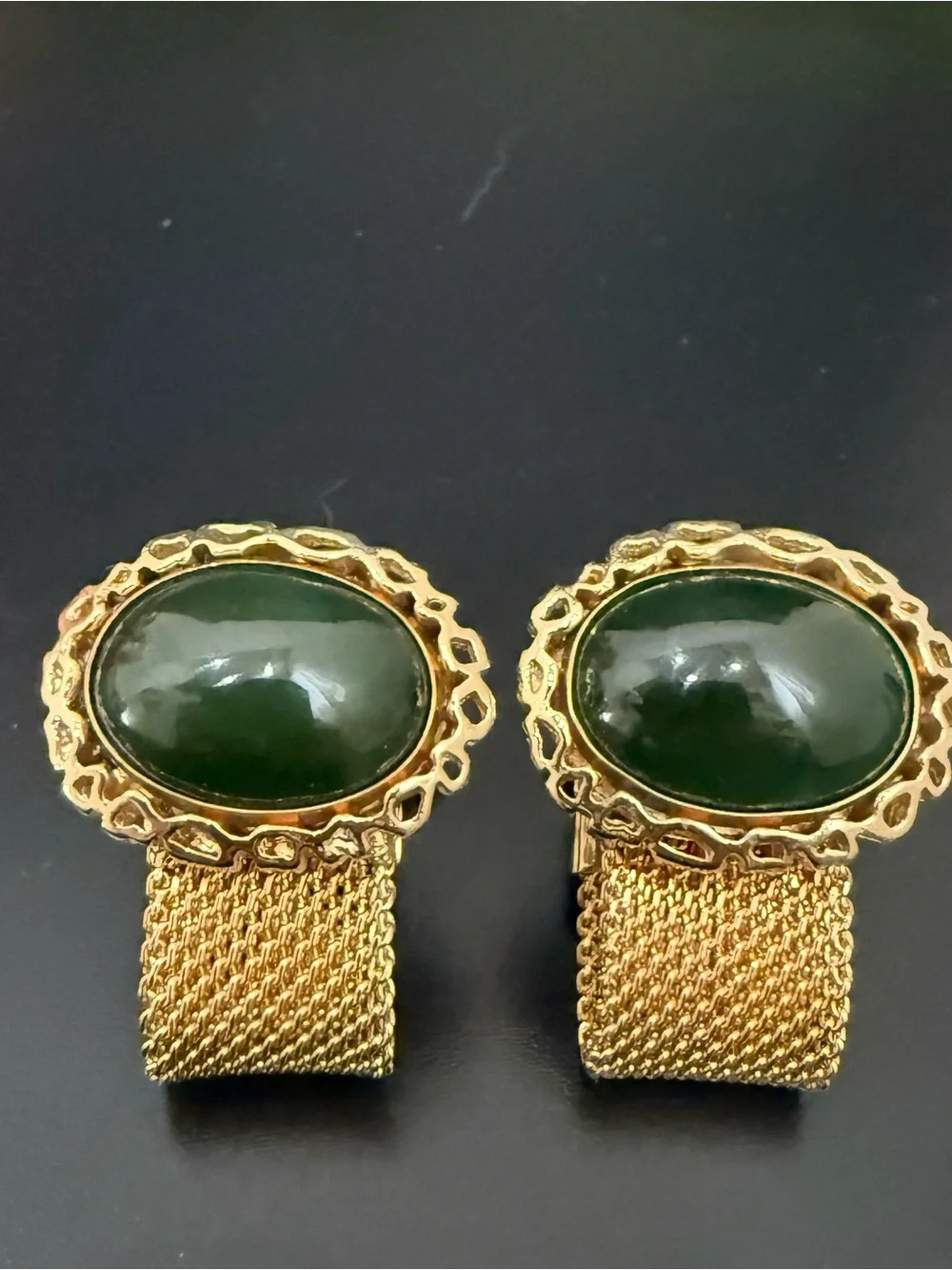 Vintage ANSON Gold-tone Faux Jade Green Stone Cabochon Mesh Cufflinks